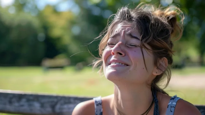 Mulher chorando sentada em um banco de parque, representando dificuldade de como falar o que sente.