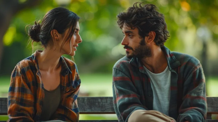 Casal jovem sentado em um banco de praça conversando seriamente, representando discussões no relacionamento