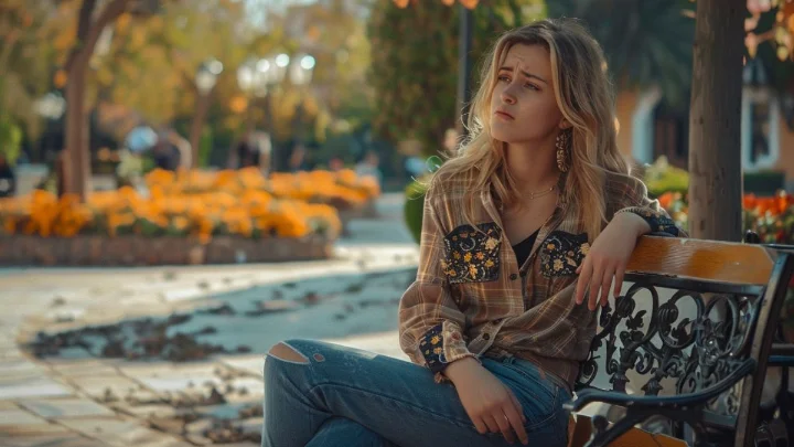 10 Passos Infalíveis de como Reconquistar um Homem Mulher jovem sentada em banco de praça, pensativa e com expressão de saudade, refletindo sobre como reconquistar um homem que ainda ama