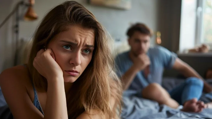 Mulher triste olhando para o vazio enquanto o parceiro está distante, representando o sentimento de ser ignorada — ele não me ouve