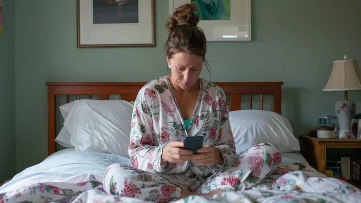 Mulher sentada sozinha na cama, de pijama, olhando para o celular com expressão de tristeza após o afastamento do parceiro
