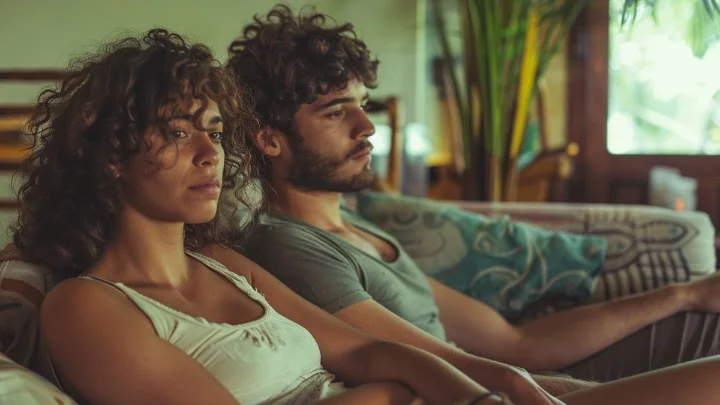 falta de diálogo entre casal jovem sentado no sofá, clima de tensão emocional